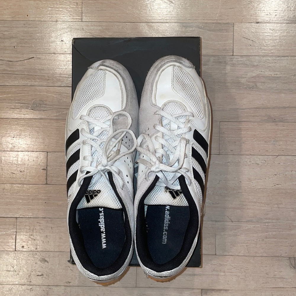 White and black with beige suede adidas sneakers